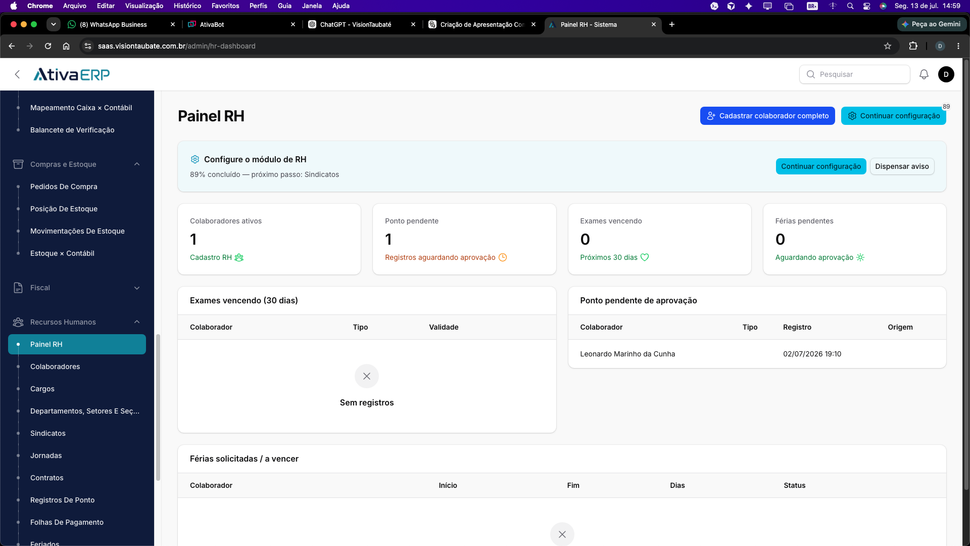 Painel de Recursos Humanos com KPIs de folha, ponto e férias no AtivaERP