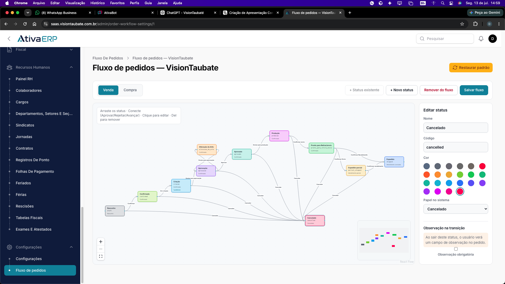 Editor visual de fluxo de pedidos de venda e compra no AtivaERP